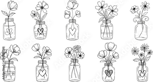Isolated a kinds of deferent lower sketch vector, hand drawn flowers in jar, abstract art, decorative love vector art with white background..