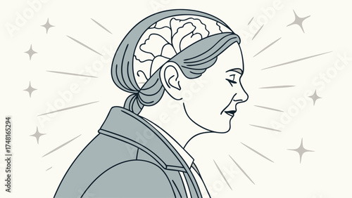 Profile illustration of a woman with a flower in her brain radiating light and stars.