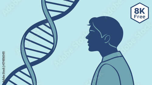 Profile of a person facing DNA strand genetic research concept illustration.