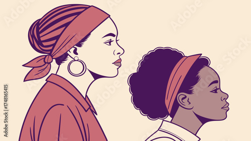 Profile illustration of two women side by side looking forward minimalist art female friendship headshots mother and daughter diverse women family sisterhood elegant stylish vector ill.