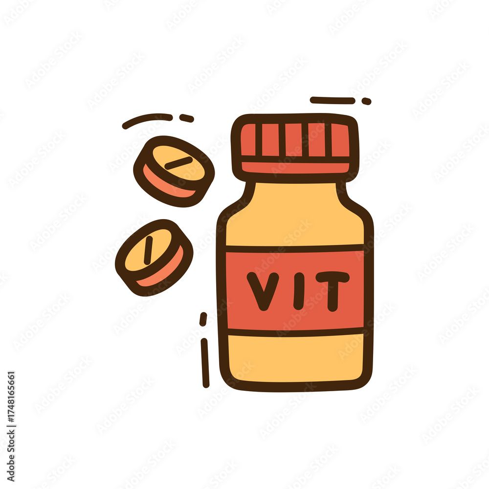 Fototapeta premium Cute Vitamin Bottle and Pills Doodle Illustration with Transparent Background Simple Hand Drawn Style
