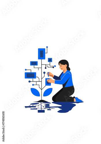 Modern Flat Vector Woman Nurturing Digital Data Growth