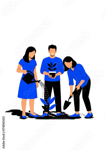 Flat Vector Illustration of People Planting a Tree