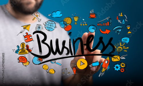 Hand pointing at business w...
