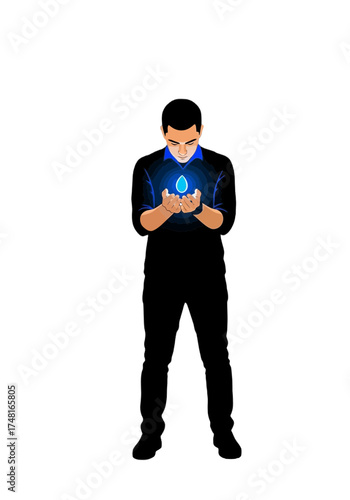Flat Vector Illustration of Man Holding Vital Water Drop