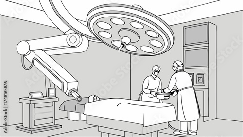 Robotic surgery illustration medical equipment operating room healthcare professionals surgical tools medical technology monochrome line art vector graphic digital art hospital scene m.