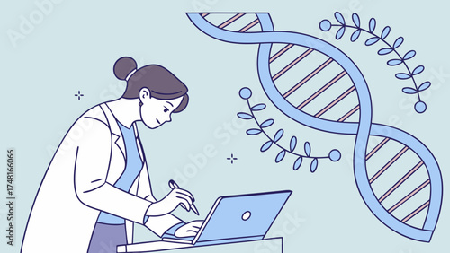 Scientist working on laptop with DNA double helix illustration genetic research healthcare medical technology biotechnology science background digital art vector illustration flat design.