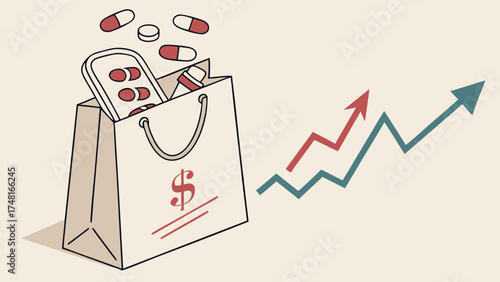 Shopping Bag with Pills and Upward Trend Graph Representing Pharmaceutical Sales Growth or Healthcare Costs Increase.