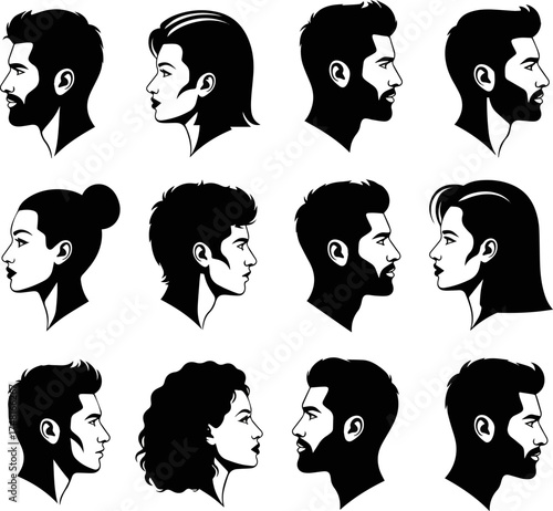  Isolated a kinds of deferent Thoughtful silhouette head profile PNG of man and woman vector art with white background.
