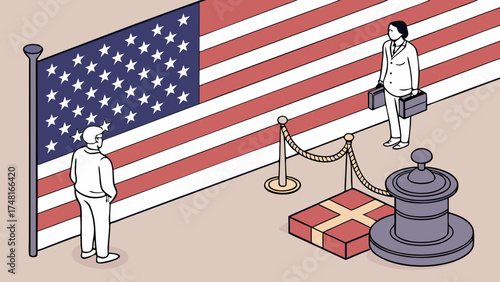 Isometric Illustration of Two Figures Contemplating a Large Flag with Gift and Stand.