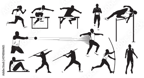 Collection of black silhouette icons representing various track and field athletic events and sports, isolated on transparent background