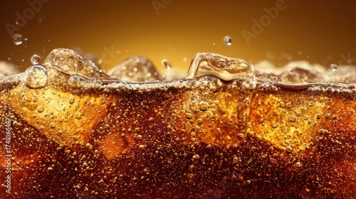 A close-up of cola surface with bubbling carbonation and floating ice, rich golden-brown tones, clean simple background, no text, no logo