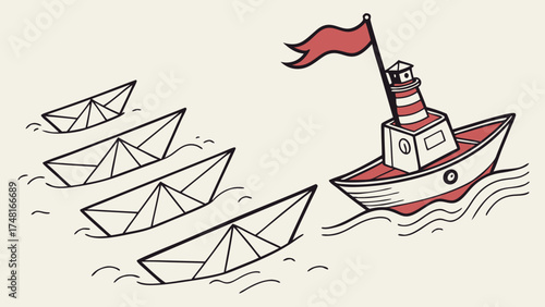 Leading the Fleet Paper Boats and Lighthouse Boat Illustration.