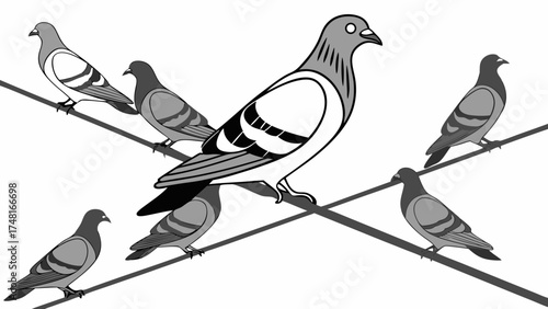Six Pigeons Perched on Wires Bird Illustration Monochrome Avian Artwork.