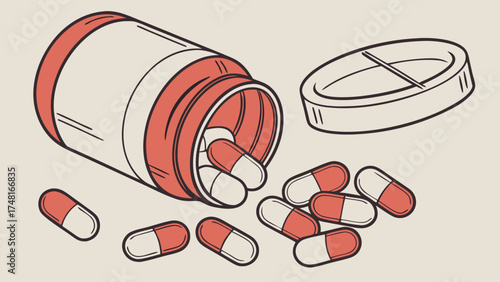Spilled Capsules from a Medicine Bottle Healthcare Pharmacy and Medical Illustration Design.
