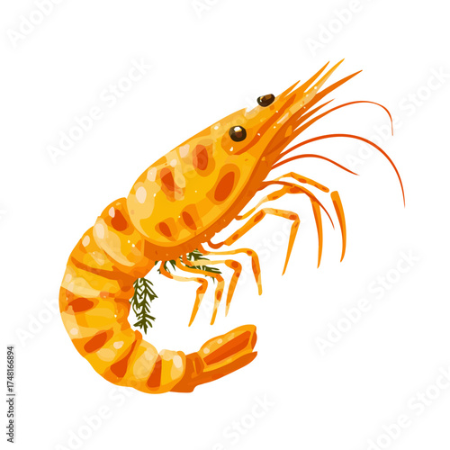 Flat 2D vector illustration of Grilled Shrimp in a simple and modern style, on a white background.