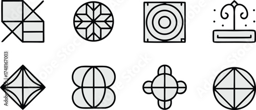 A Collection of Eight Distinct Geometric Style Icons Representing Various Abstract Shapes and Designs