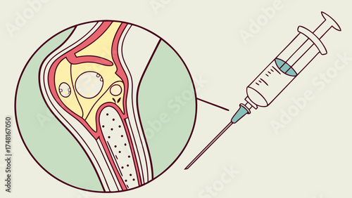 Medical Illustration Joint Injection Syringe and Anatomy Diagram.