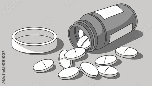 Spilled pills from bottle medical illustration healthcare graphic medicine tablets pharmaceutical design vector art health concept.