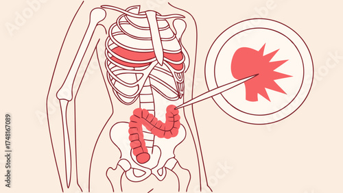 Medical illustration of colon inflammation digestive system internal organs anatomy healthcare illness disease inflammation pain discomfort colonoscopy endoscopy digestive health gut.