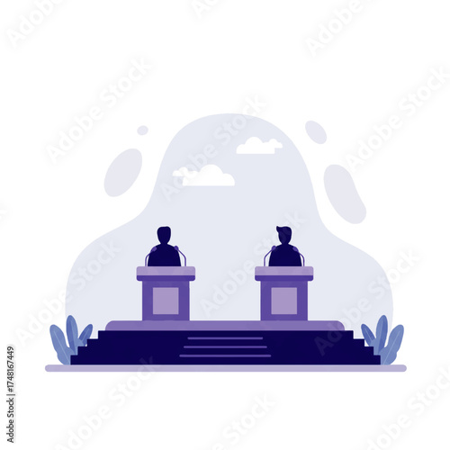 Two silhouetted figures stand at podiums on a stage, possibly in a debate or presentation setting.