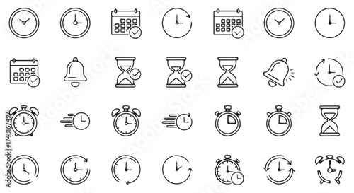 Assortment of time and schedule related icons isolated on transparent background