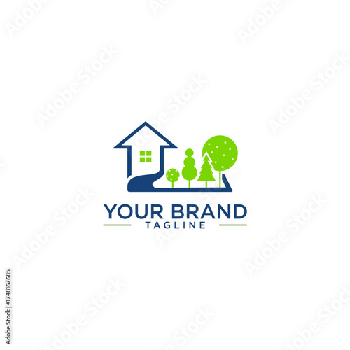 Minimalist logo featuring a house outline, a winding path, and stylized trees in blue and green.