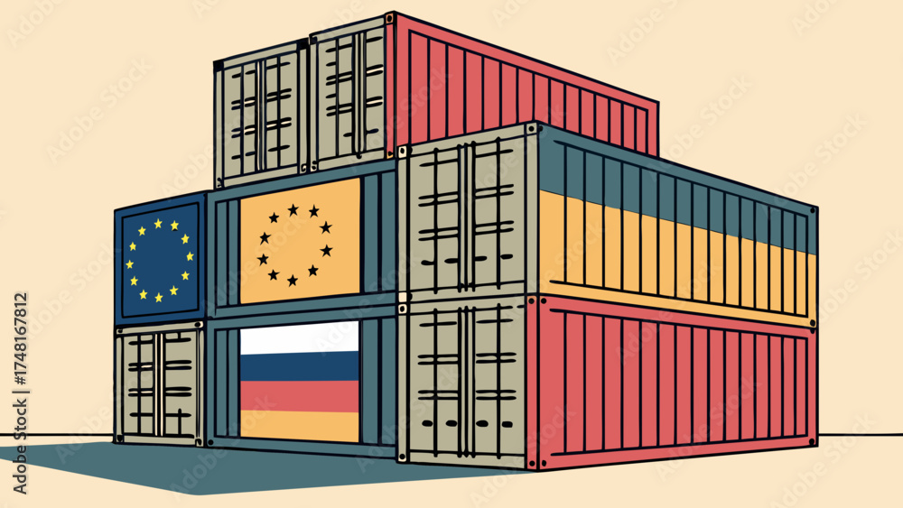 Fototapeta premium Stacked shipping containers global trade international logistics cargo transport illustration.