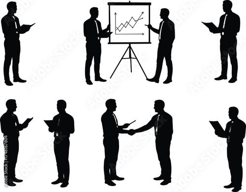 Business silhouettes, professional teamwork, flip chart presentation, handshake gesture, document reading, corporate meeting, data analysis
