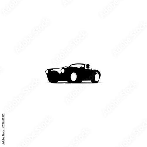 Silhouette of a classic convertible car with a driver, rendered in black against a white background.