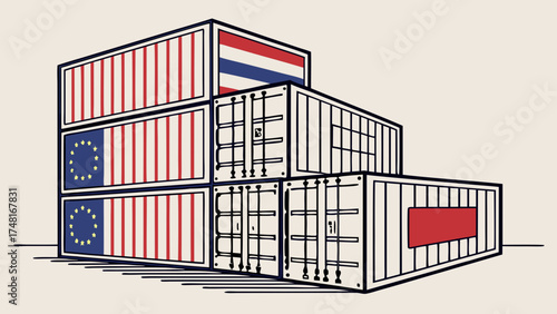 Stacked shipping containers global trade international logistics import export business illustration.