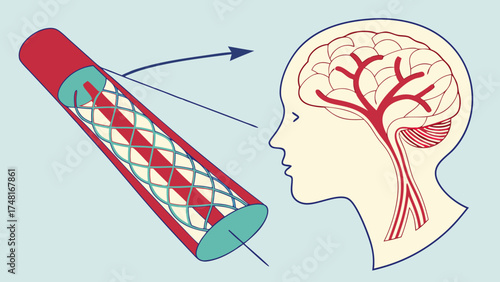 Medical illustration of the brains vascular system and a stent.