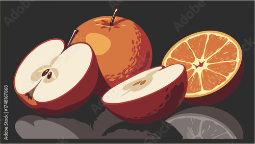 Still Life with Apples and Orange Fruit Illustration Healthy Eating Vector Graphic.