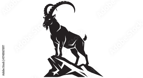 Silhouette of a majestic ibex standing proudly on a rocky outcrop, isolated on a transparent background