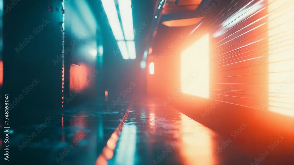 Futuristic neon light blur moving through corridor