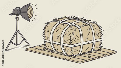 Studio lighting illuminating a bale of hay on a wooden pallet.