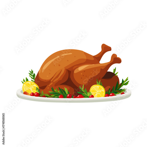 Minimalist 2D flat vector design of a Roast Turkey, clean illustration with a white background.