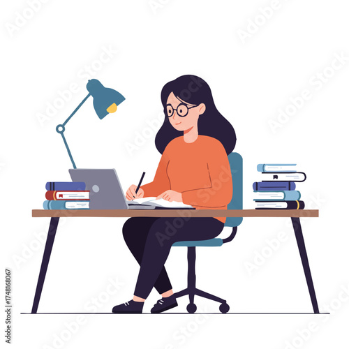 Diligent female student focused on her studies, sitting at a desk surrounded by open books and a laptop, depicted in a vibrant 2D flat vector illustration.