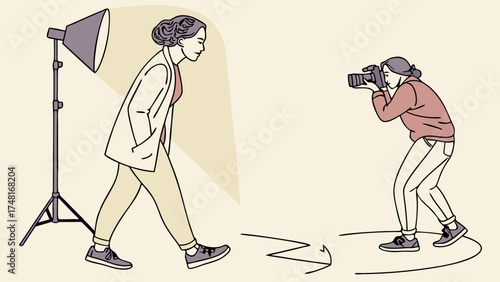 Studio Photography Session Photographer Shooting Model with Lighting Equipment Fashion Illustration Graphic Design.