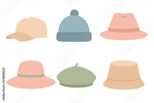 Diverse collection of six stylish headwear items including caps, beanies, and wide brim hats in soft pastel tones