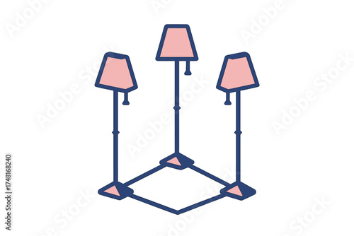 Minimalist geometric floor lamps with pink shades and dark blue stands forming a triangular base structure