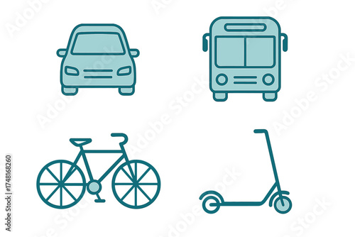 Car, bus, bicycle, and scooter symbols representing urban mobility and travel options
