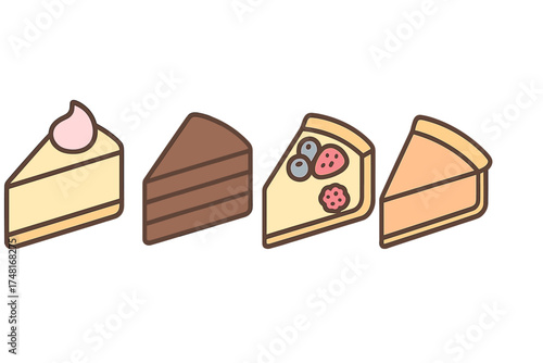 Isometric set of dessert slices including chocolate cake, cheesecake, and berry tart