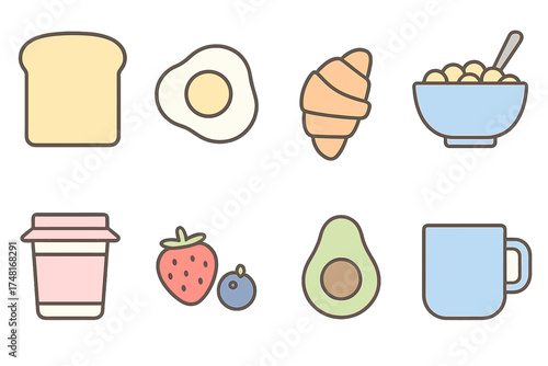 Cute pastel breakfast food set including toast egg croissant cereal fruit and coffee