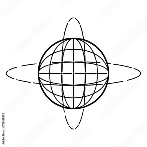 Minimalist Globe Illustration with Intersecting Orbits Depicting Connectivity and Global Networks in Simple Black and White Line Art Design Emphasizing International Connections