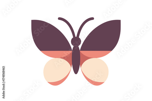 Abstract geometric butterfly with minimalist shapes and muted colors on white background