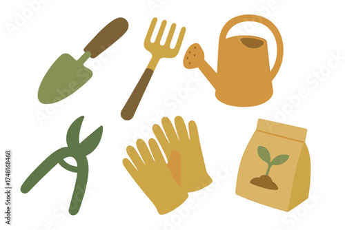 Collection of essential garden tools and supplies for spring planting activities