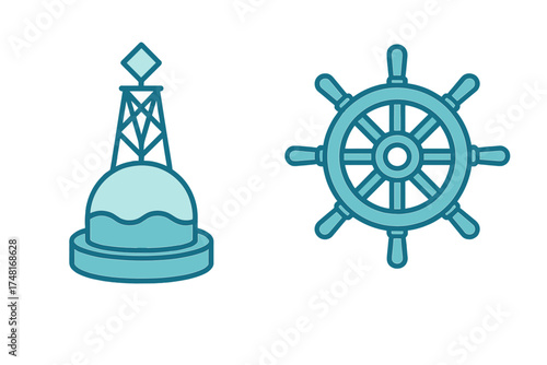 Navigational buoy and ship steering wheel icons in blue color palette