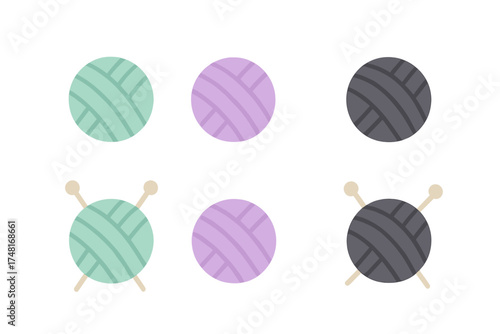 Set of six colorful flat icons featuring yarn balls in various shades paired with crossed knitting needles