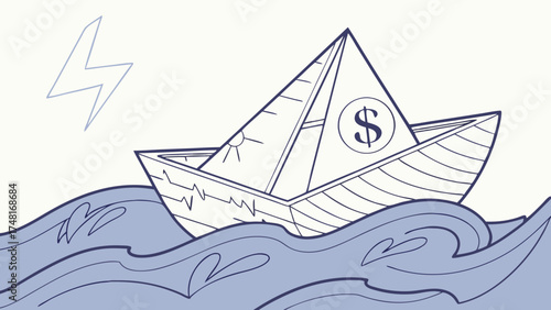 Paper boat with dollar sign sinking in stormy sea financial crisis concept illustration hand drawn style.